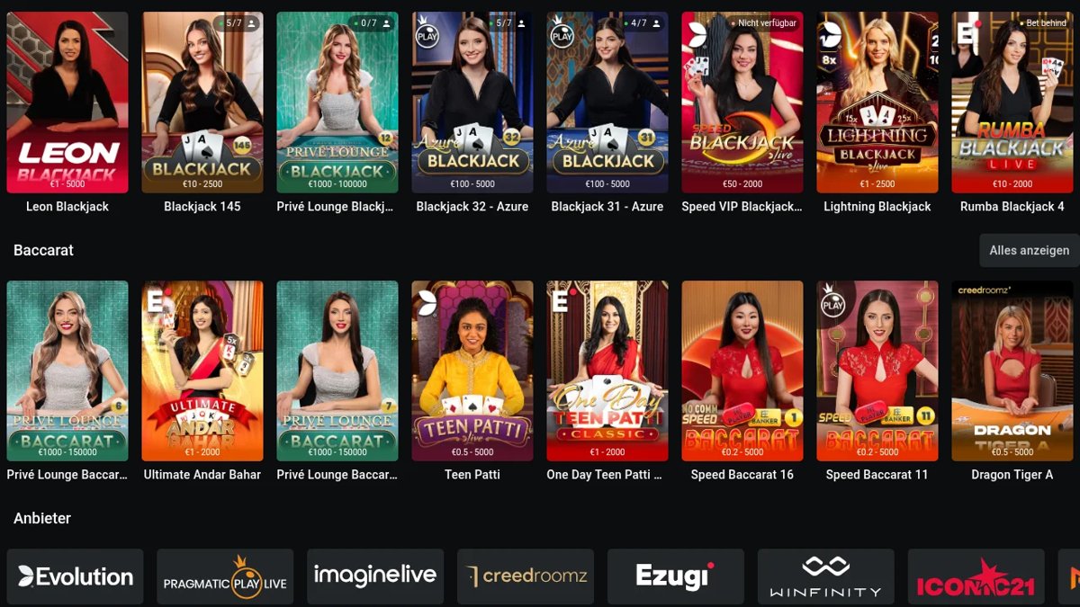 Leon Live-Casino mit Blackjack- und Baccarat-Tischen und Anbietern wie Evolution und Pragmatic Play Live