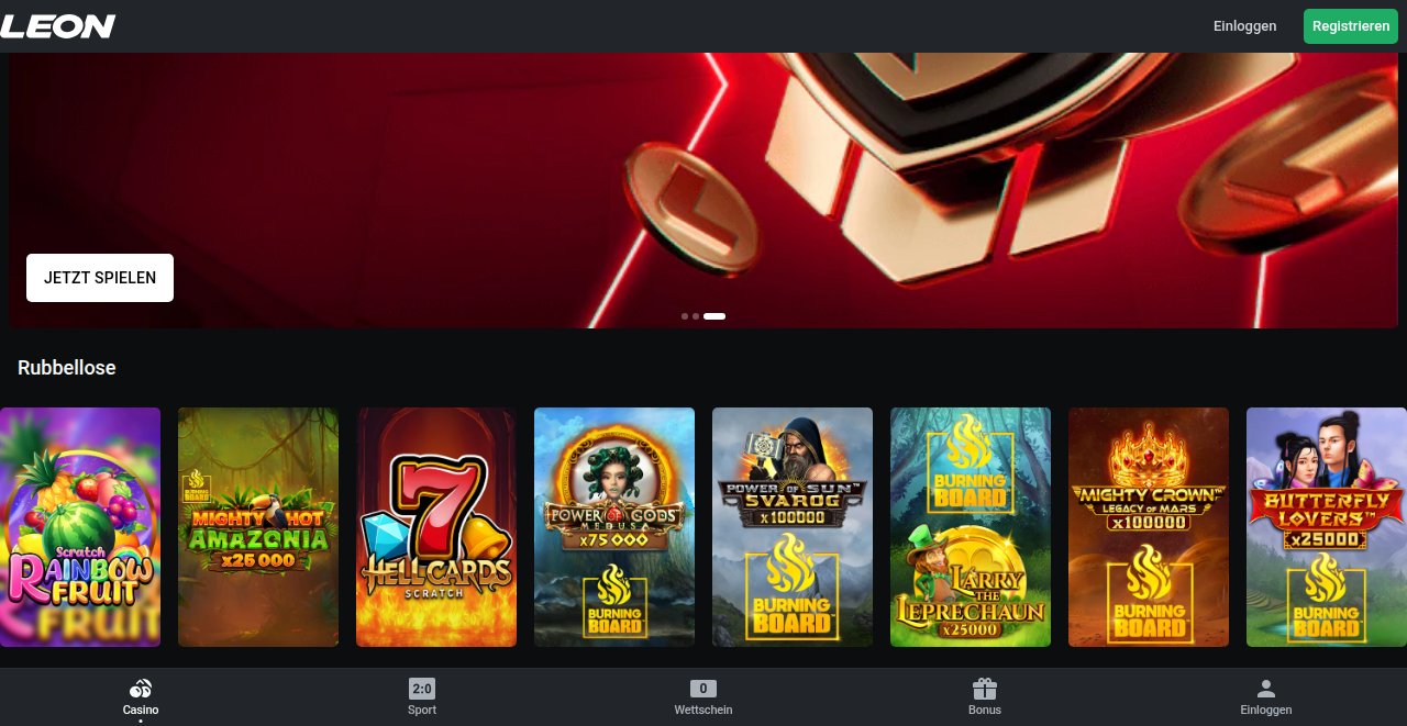 Leon Casino Kategorie Rubbellose mit Rainbow Fruit Scratch, Hellcards Scratch und Burning-Board-Spielen