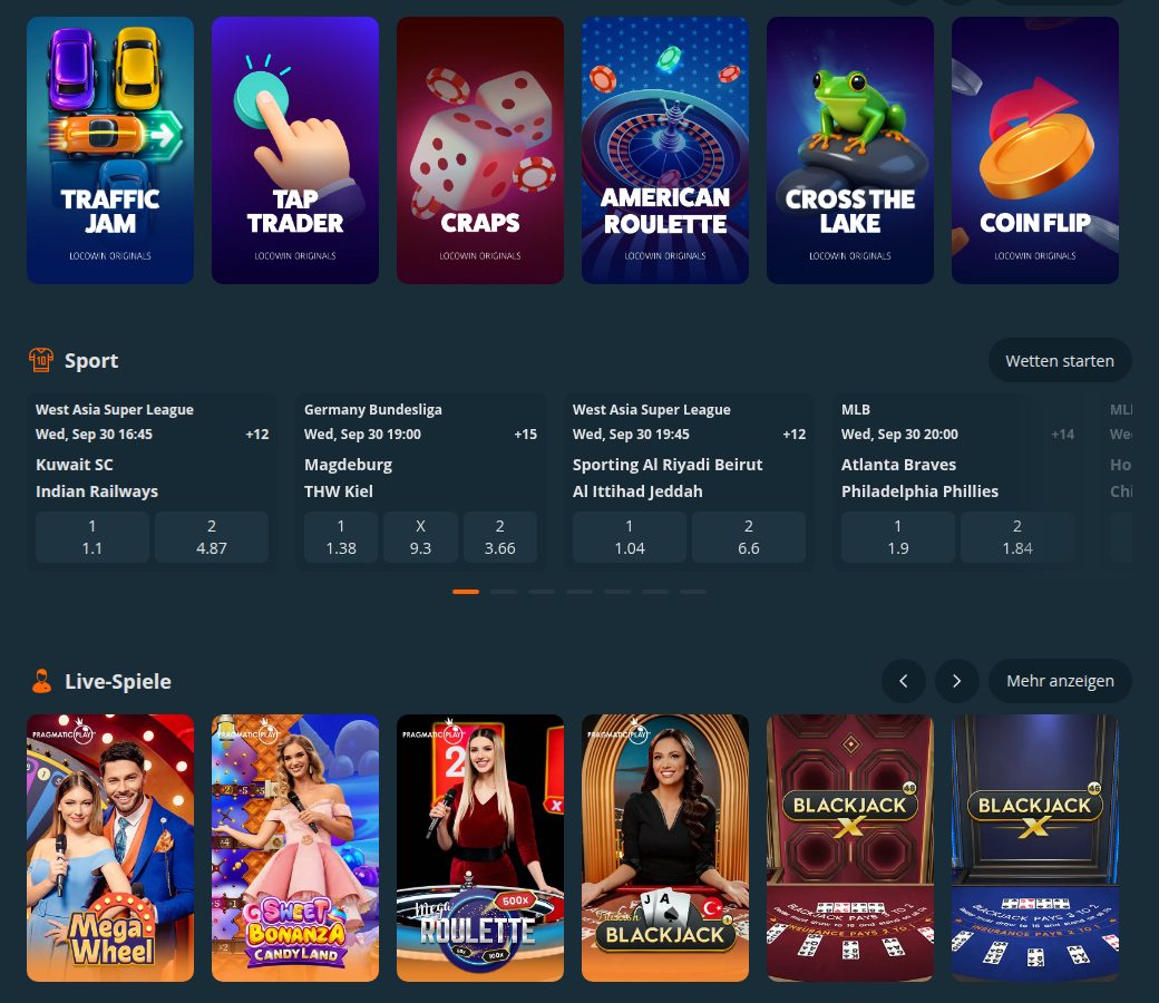 Locowin Startseite mit Sportwetten, Loco Originals und Live-Spielen