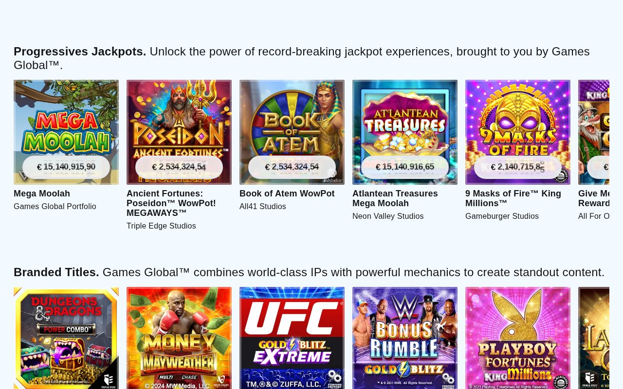 Produktseite von Games Global mit progressiven Jackpots, darunter Mega Moolah und Atlantean Treasures Mega Moolah