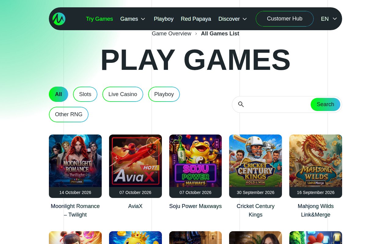 Spieleliste auf microgaming.io mit den Neuheiten Moonlight Romance – Twilight, AviaX und Soju Power Maxways