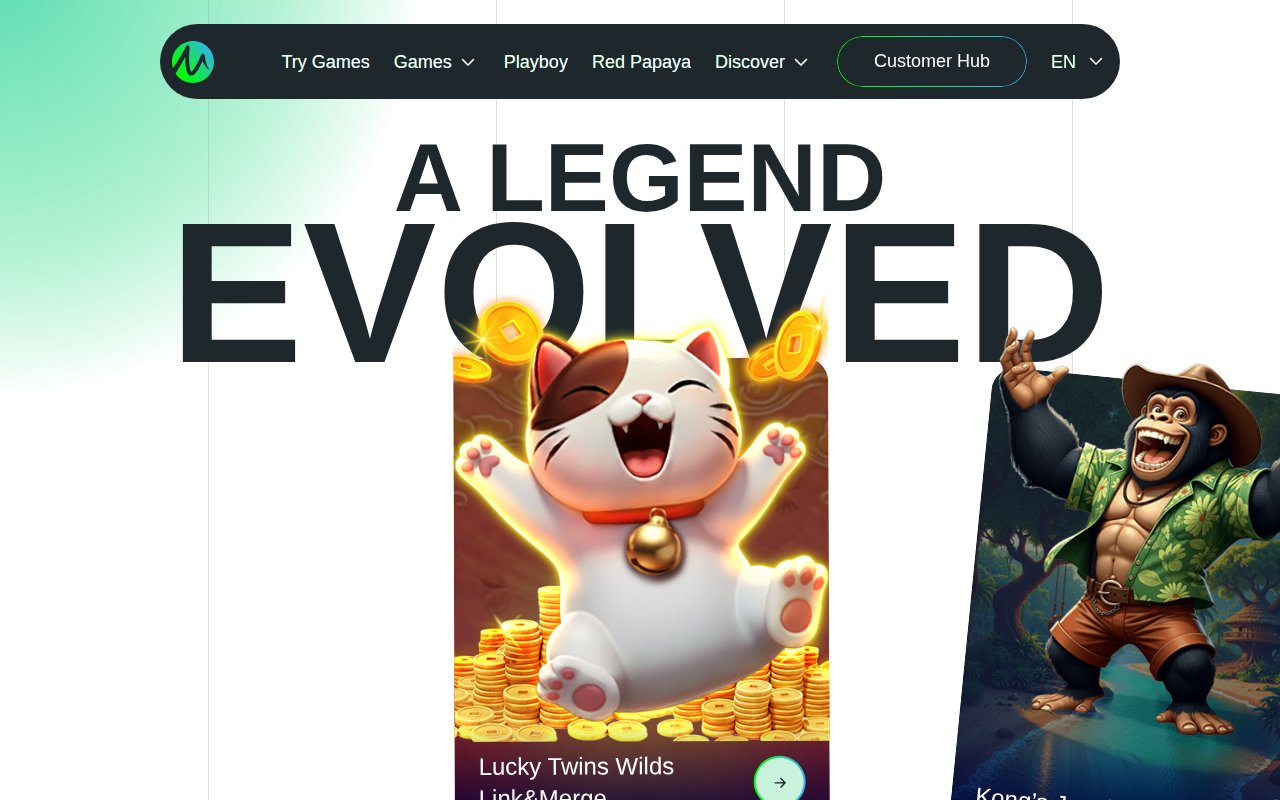 Startseite von Microgaming mit „Try Games“ im Menü und den Slots Lucky Twins Wilds Link&Merge und Kong's Jungle Tower