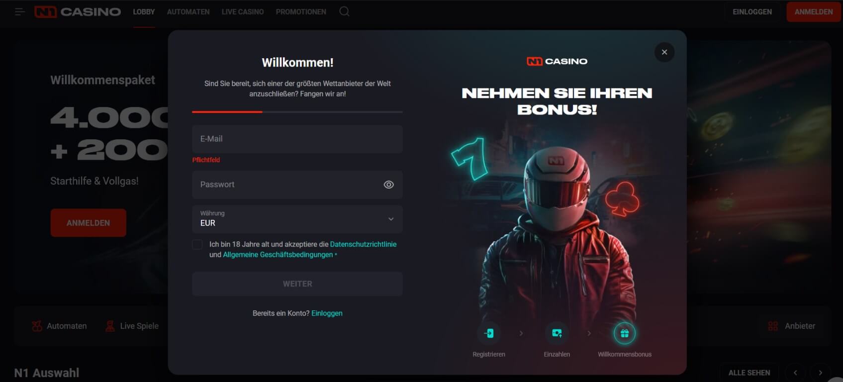 N1 Casino Anmelden und Bonus einlösen