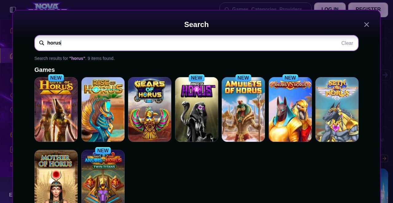 NovaJackpot Suchergebnisse für Horus mit neun Spielen, darunter Gifts of Horus, Rise of Horus und Amulets of Horus