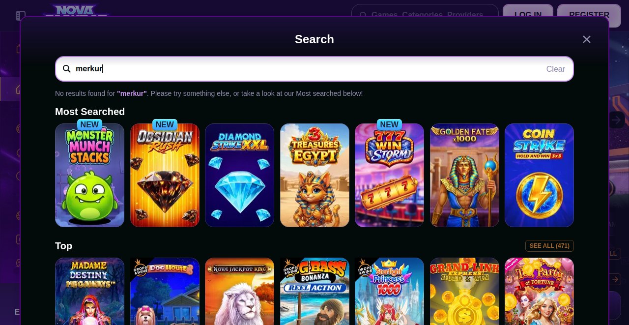 NovaJackpot Suche nach Merkur mit dem Hinweis No results found und meistgesuchten Spielen