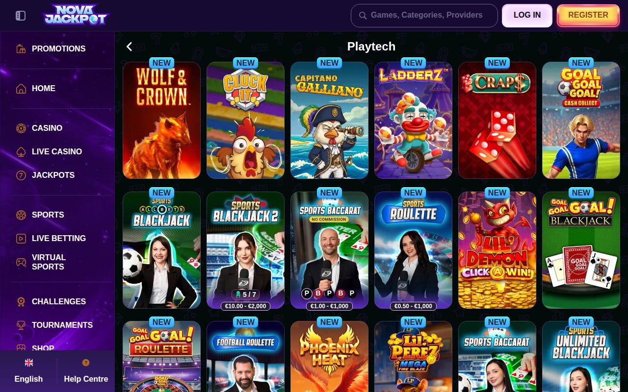 NovaJackpot Anbieterseite Playtech mit neuen Slots und Live-Tischen wie Sports Blackjack und Sports Roulette samt Einsatzlimits