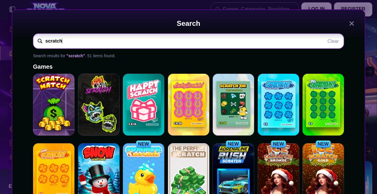 NovaJackpot Suchergebnisse für Scratch mit 51 Treffern, darunter Scratch Match, Happy Scratch, Lucky Scratch und Ice Scratch Gold