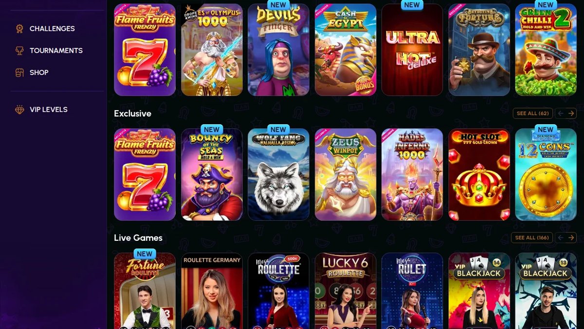 NovaJackpot Slot-Lobby mit den Wazdan-Titeln Hot Slot 777 Gold Crown und 12 Coins Grand Diamond Edition in der Reihe Exclusive