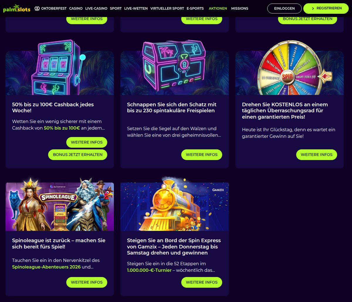 PalmSlots Aktionen mit Cashback, Freispiel-Schatztruhe und Glücksrad
