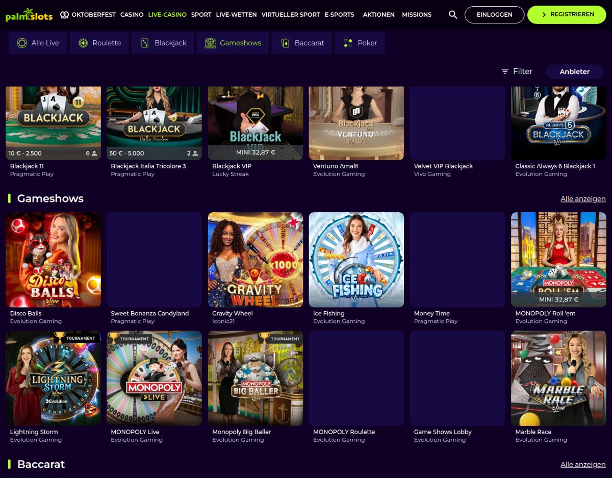 PalmSlots Live-Casino mit Gameshows und Baccarat-Tischen