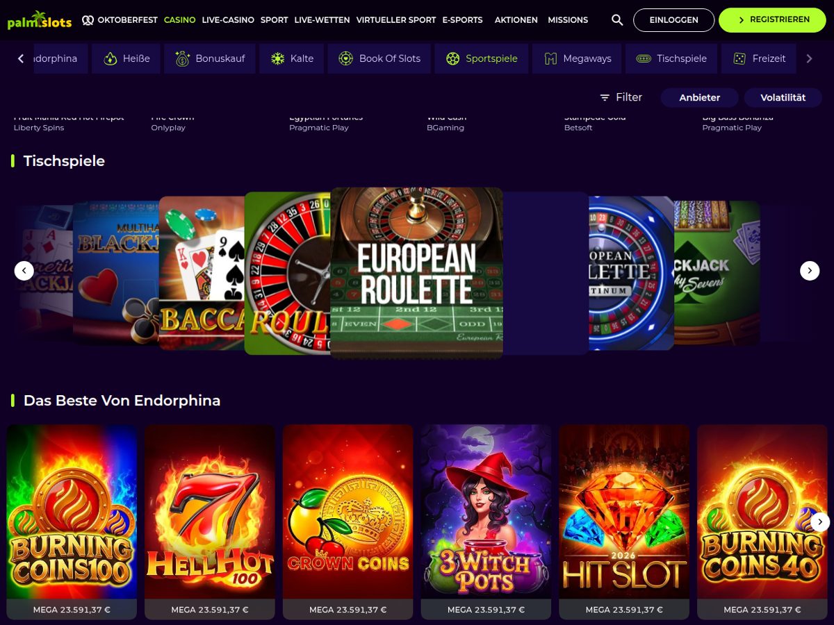PalmSlots Casino-Lobby mit Kategorien, Tischspielen und Endorphina-Slots