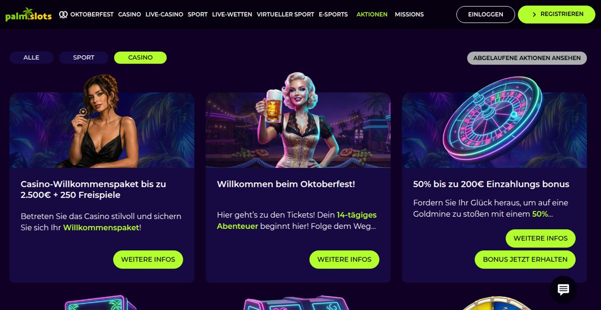 PalmSlots Aktionsseite mit Casino-Willkommenspaket und Oktoberfest-Aktion