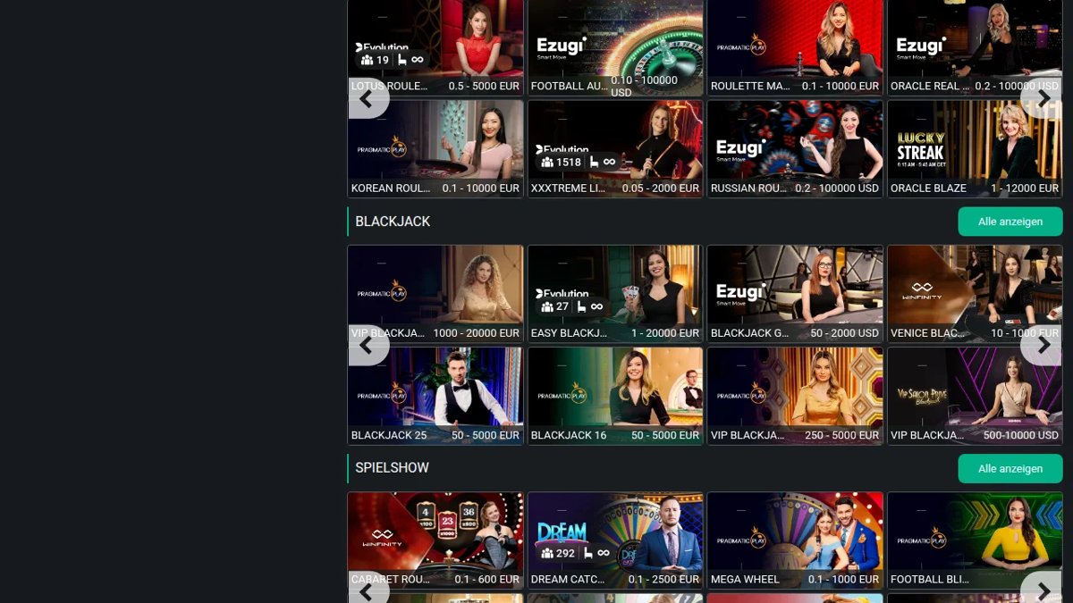 PlanBet Live-Casino-Lobby mit Roulette-, Blackjack- und Spielshow-Reihen und Einsatzlimits auf jeder Kachel