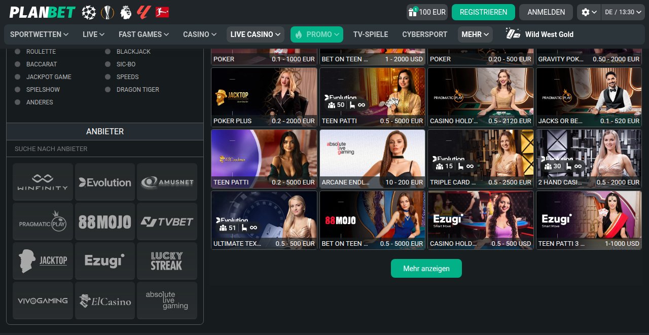 PlanBet Live-Casino Poker-Rubrik mit Casino Hold'em, Triple Card Poker und Einsatzlimits
