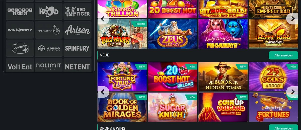 Spielauswahl bei PlanBet mit Anbietern wie Pragmatic Play, Nolimit City und NetEnt