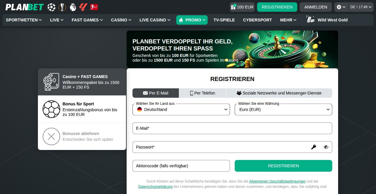 PlanBet Registrierung mit Formular für persönliche Daten vor der Verifizierung