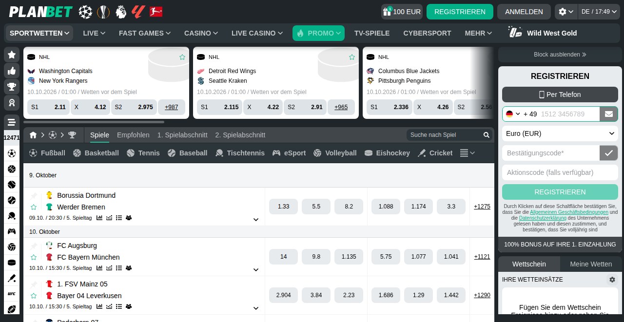 PlanBet Sportwetten-Bereich mit großen und Nischensportarten