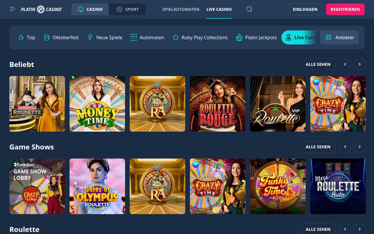 PlatinCasino Live-Casino mit Game Shows wie Crazy Time und Monopoly Roulette