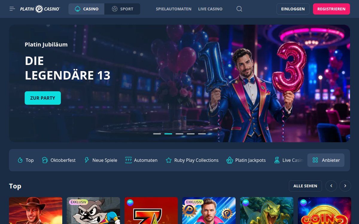 PlatinCasino Startseite mit Casino- und Sport-Reiter