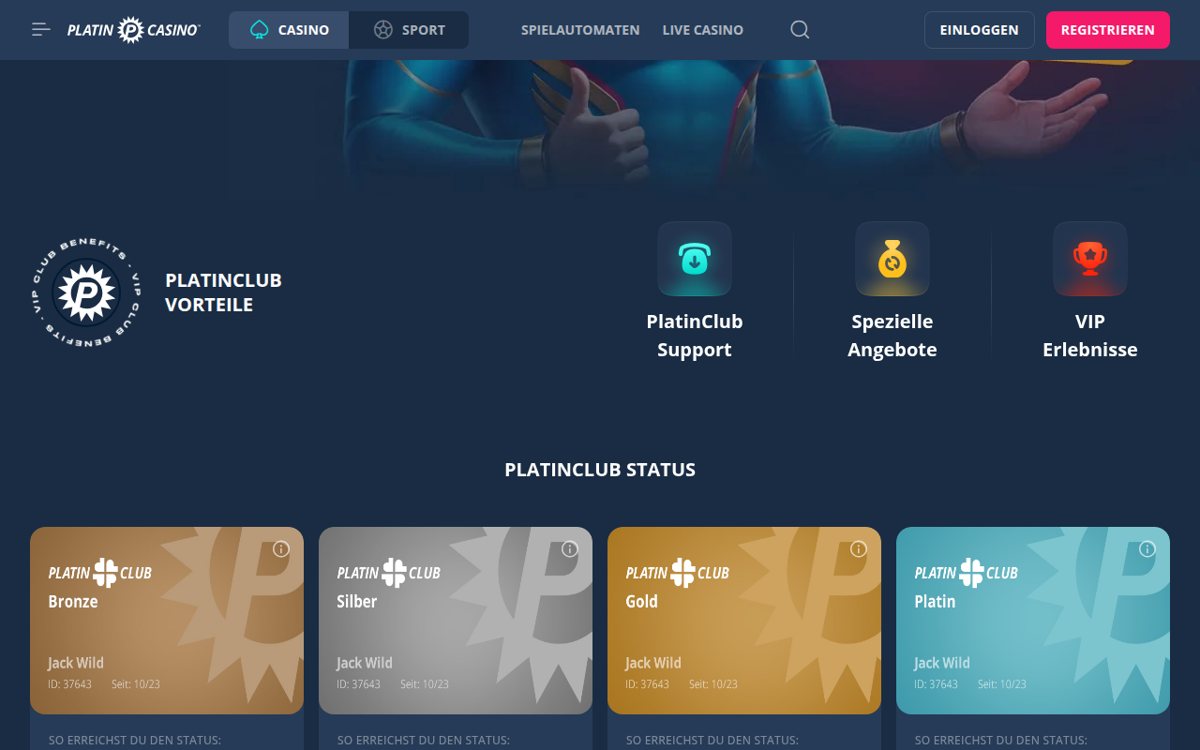PlatinCasino PlatinClub mit den Stufen Bronze, Silber, Gold und Platin