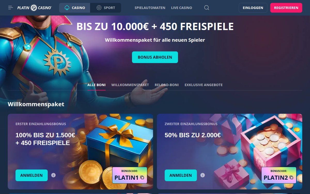 PlatinCasino Aktionsseite mit Willkommenspaket bis 10.000 € und 450 Freispielen