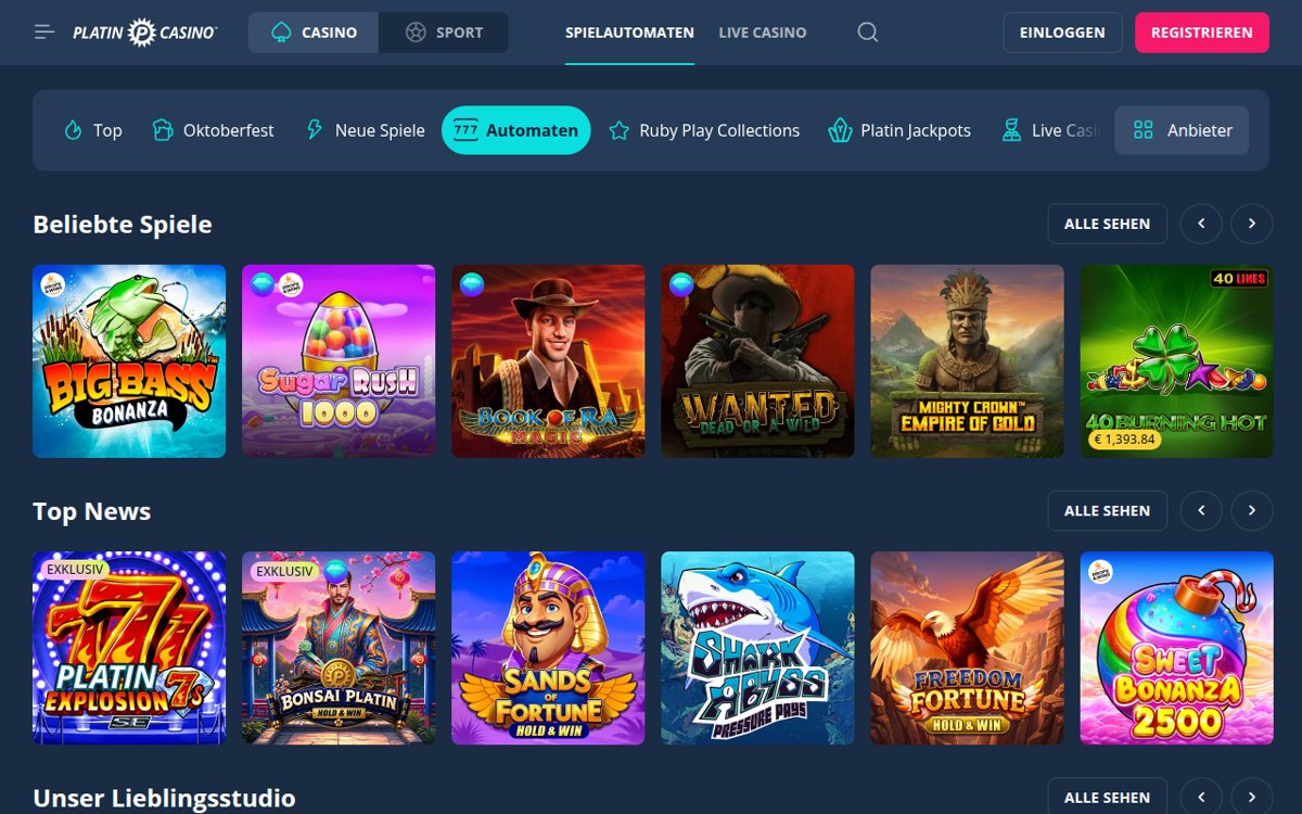 PlatinCasino Spielautomaten-Lobby mit Big Bass Bonanza, Book of Ra Magic und exklusiven Platin-Slots