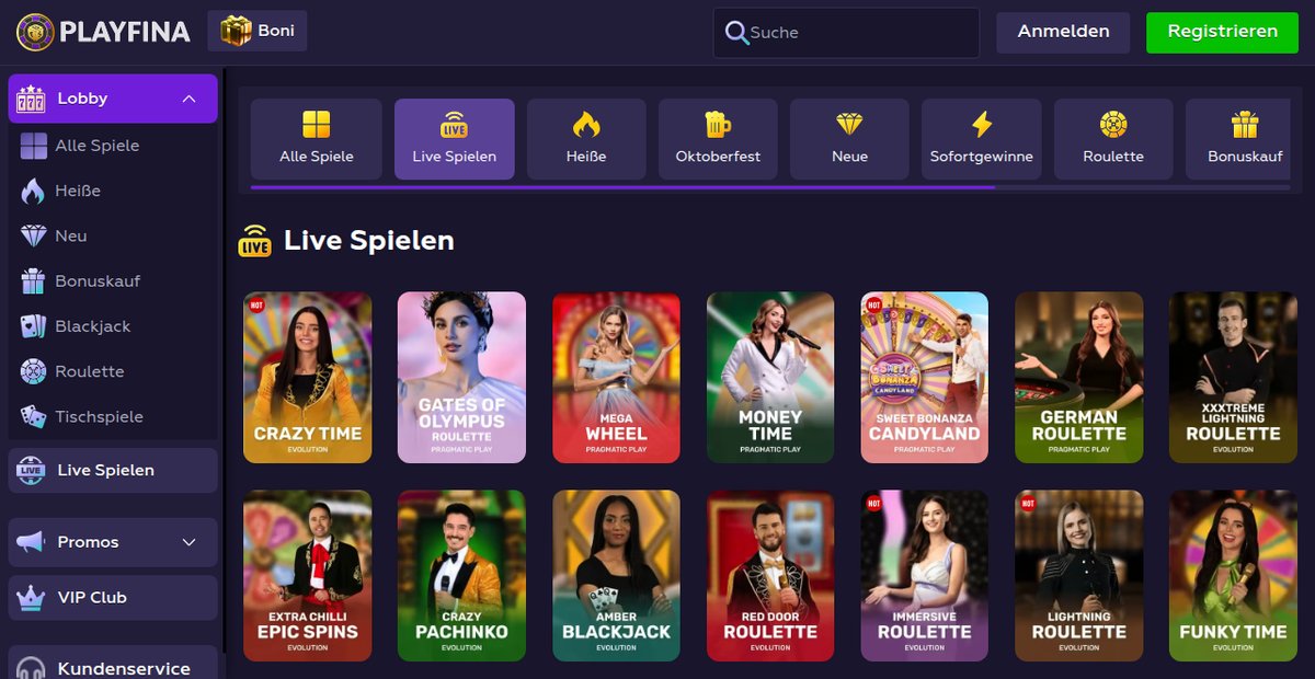 Playfina Live-Casino mit Crazy Time, German Roulette und Game Shows