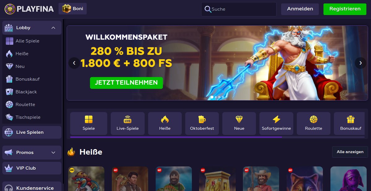 Playfina Casino-Lobby mit Willkommenspaket und Spielkategorien