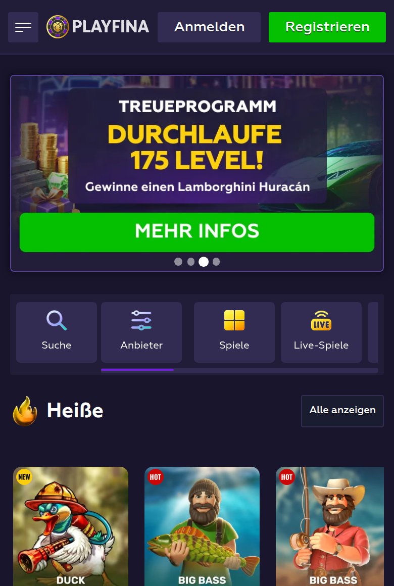 Playfina mobile Version im Browser mit Lobby und Aktionen