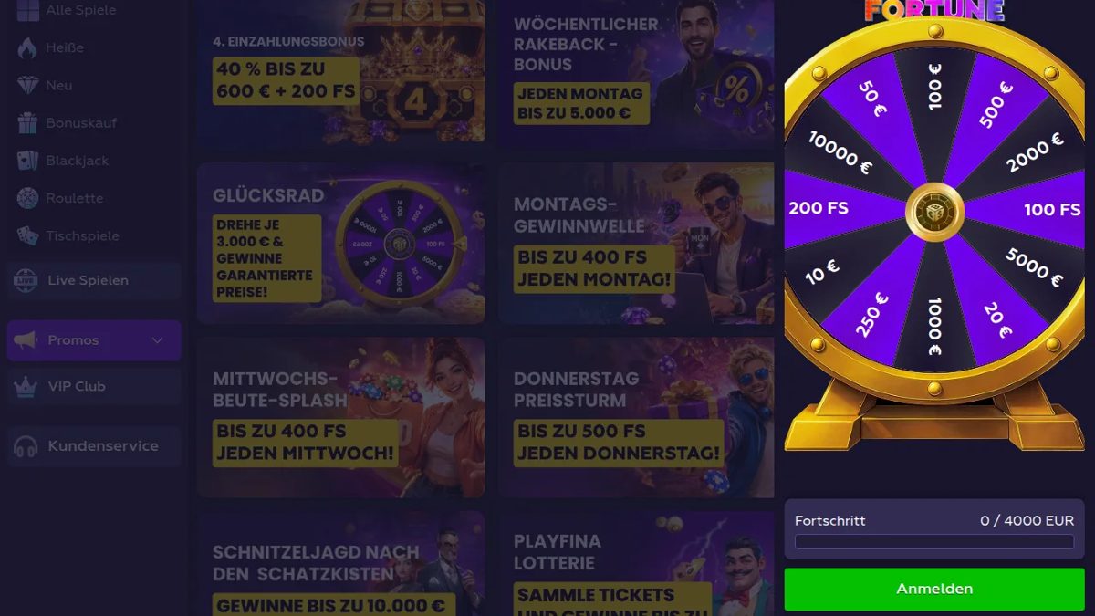 Playfina Aktionsseite mit wöchentlichen Reload-Freispielen