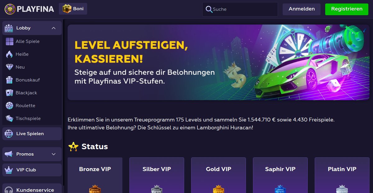 Playfina Treueprogramm mit 175 Levels und sieben VIP-Stufen