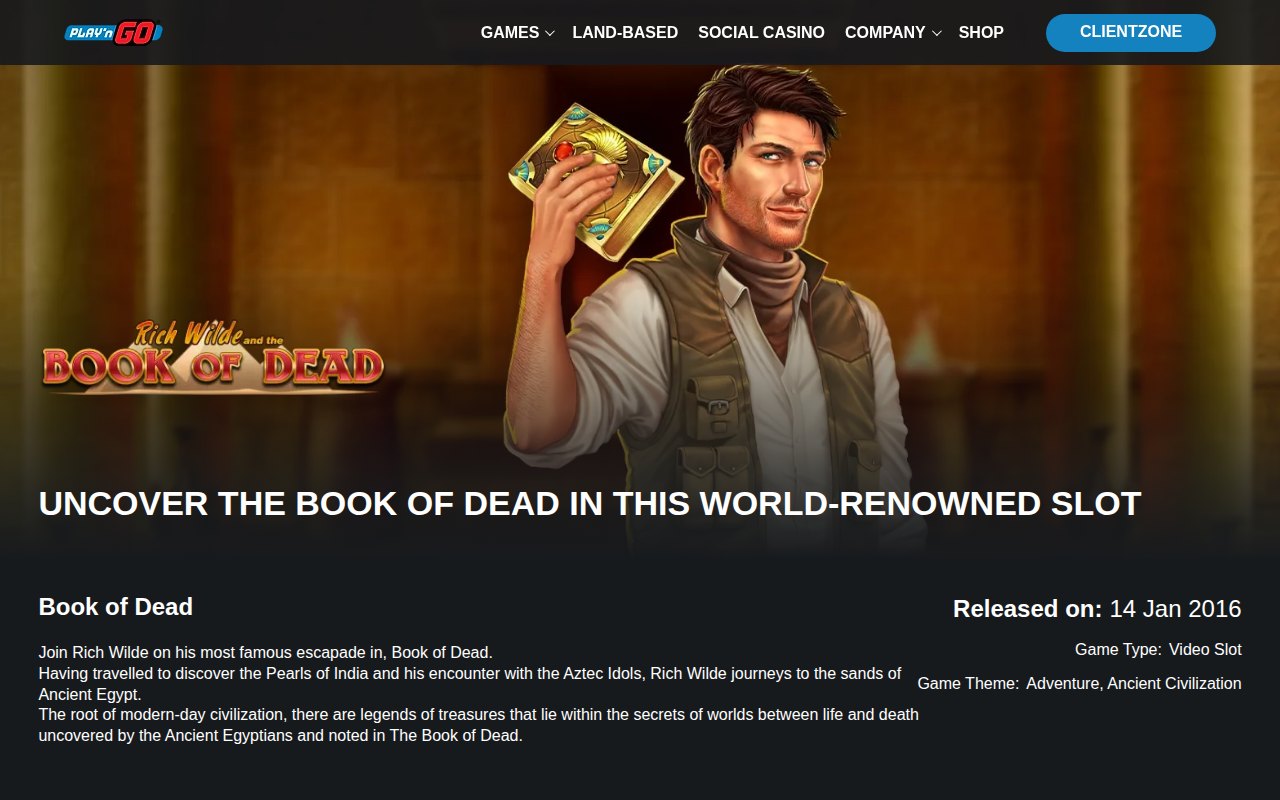 Offizielle Spielseite von Play'n GO zu Book of Dead mit Rich Wilde, dem Buch und dem Erscheinungsdatum 14. Januar 2016
