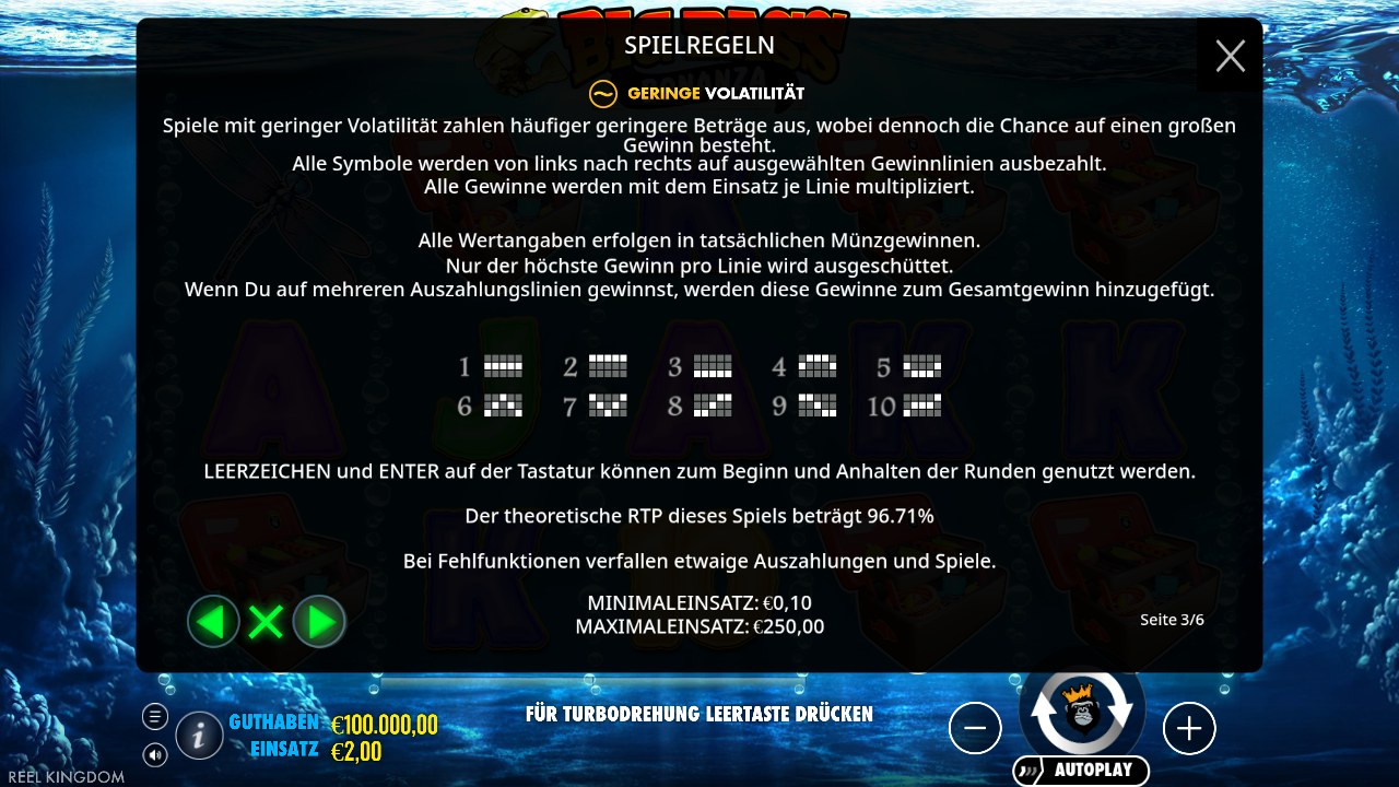 Spielregeln von Big Bass Bonanza mit geringer Volatilität, RTP 96,71 % und Einsatz von 0,10 € bis 250 €