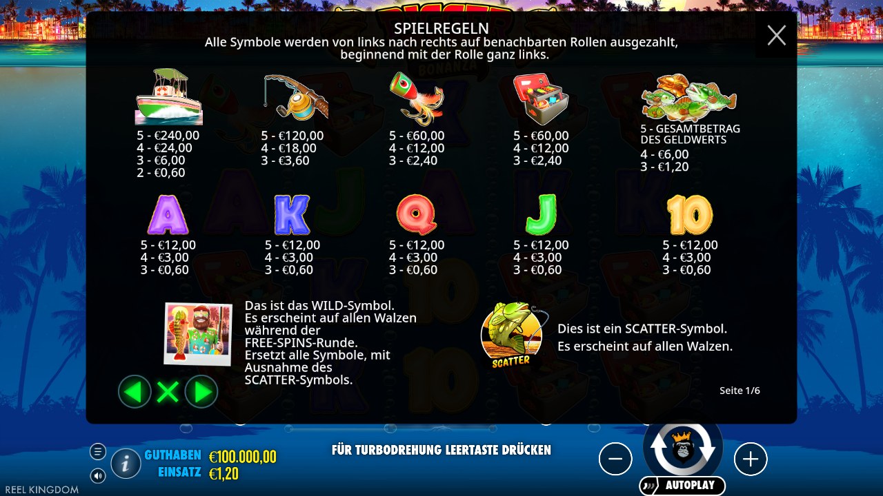 Gewinntabelle von Bigger Bass Bonanza in der offiziellen Demo bei 1,20 € Einsatz