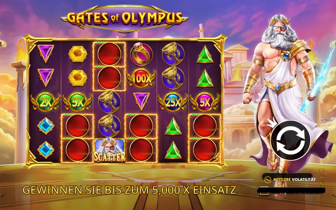 Gates of Olympus Startbildschirm der offiziellen Demo mit Multiplikatoren und 5.000x Einsatz
