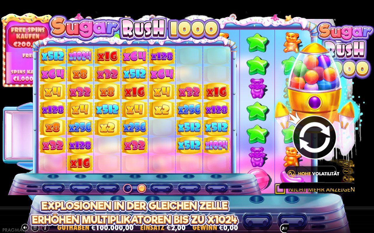 Sugar Rush 1000 Startbildschirm der offiziellen Demo mit Multiplikatoren bis 1.024x