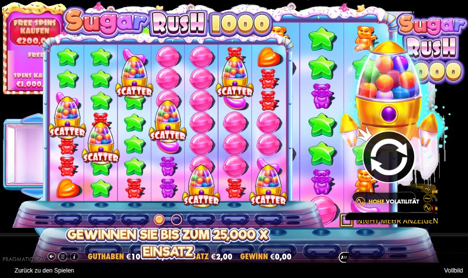 Sugar Rush 1000 auf der Spielseite von Pragmatic Play mit bis zu 25.000x Einsatz