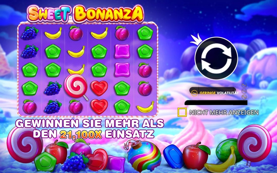 Sweet Bonanza Startbildschirm der offiziellen Demo mit über 21.100x Einsatz