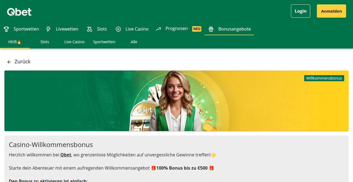 Qbet Casino-Willkommensbonus 100 % bis 500 € auf der Aktionsseite