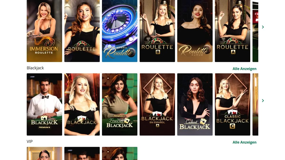 Qbet Live-Casino mit Roulette- und Blackjack-Tischen