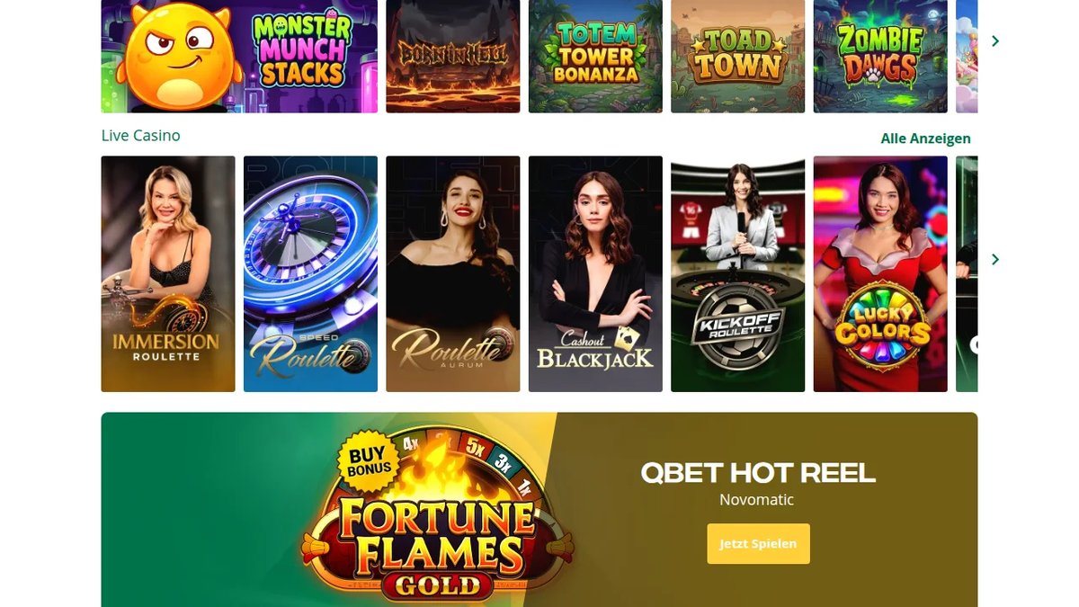 Qbet-Lobby mit dem Banner Qbet Hot Reel: Fortune Flames Gold von Novomatic