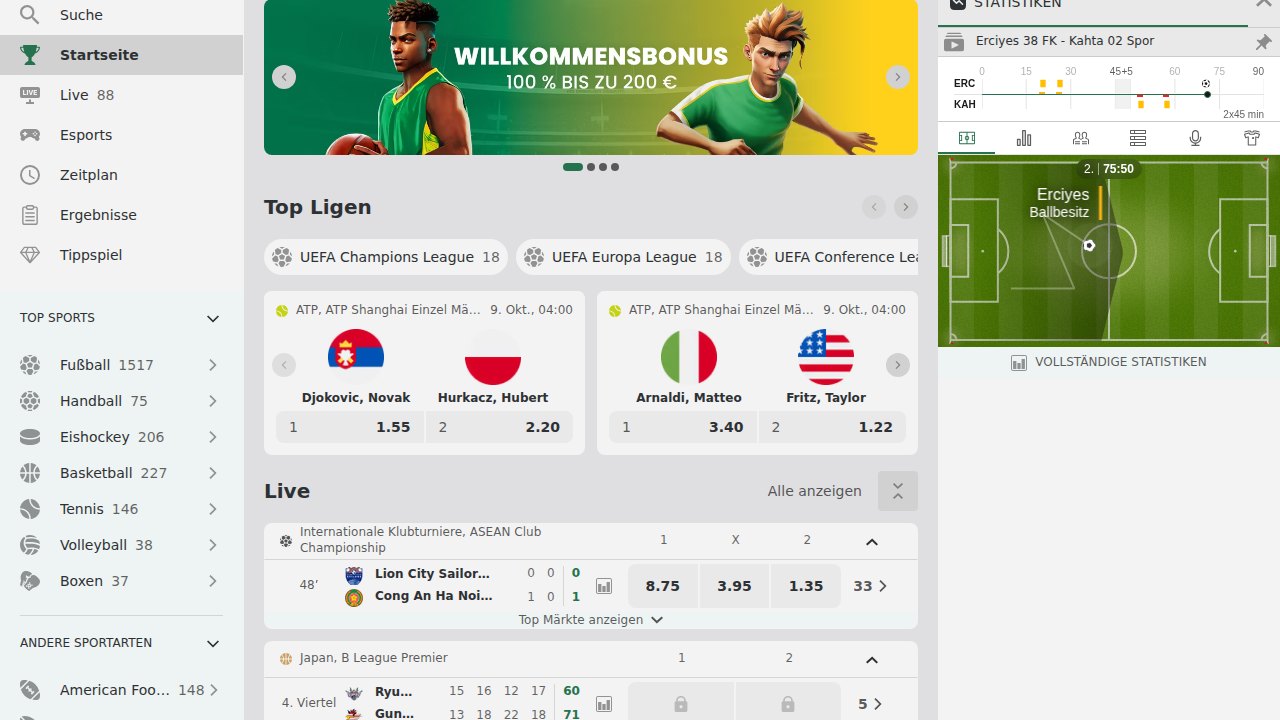 Qbet Sportwetten-Startseite mit Top-Ligen, Livewetten und Willkommensbonus bis 200 €