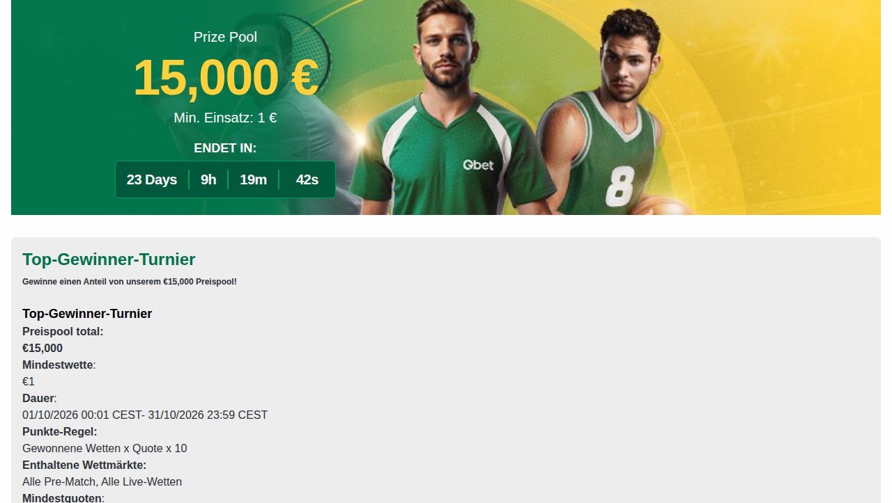 Qbet Top-Gewinner-Turnier mit 15.000 € Preispool und Mindesteinsatz 1 €
