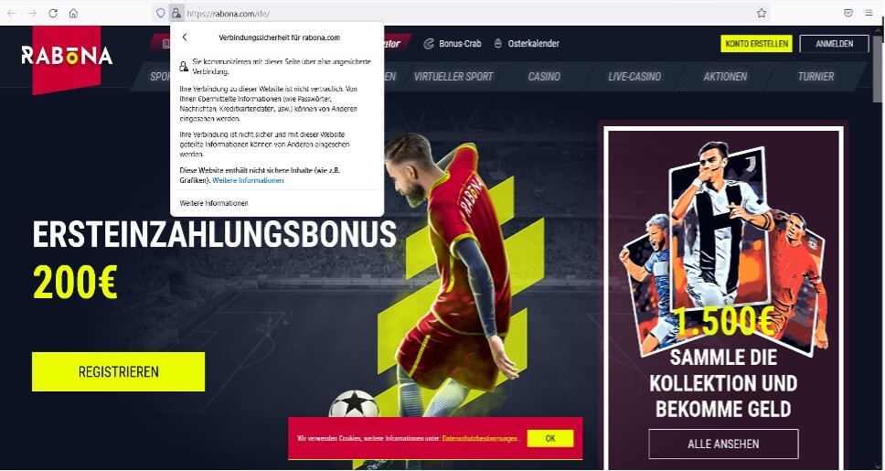 Rabona: SSL-Zertifikat-Sicherheitswarnung bei seriösen Online-Casinos