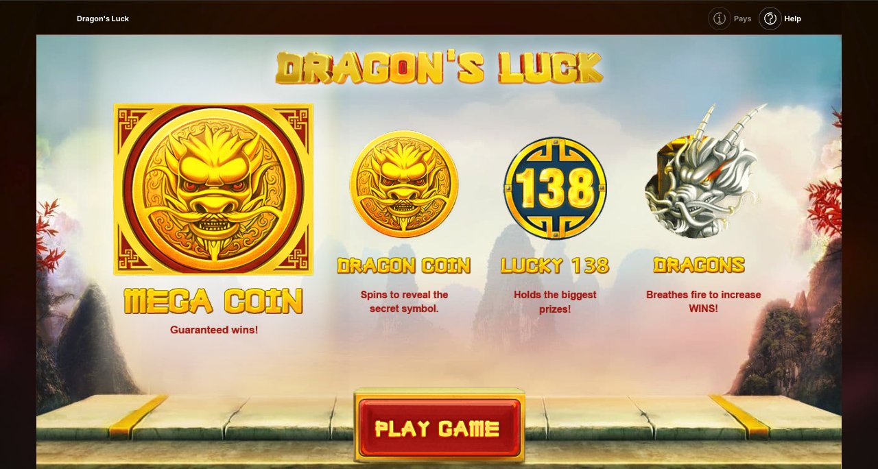 Dragon's Luck Startbildschirm der offiziellen Demo mit Mega Coin, Dragon Coin, Lucky 138 und Drachen
