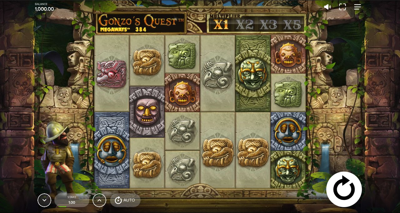 Gonzo's Quest Megaways in der offiziellen Red-Tiger-Demo mit 6 Walzen, 384 Megaways und Multiplikatorleiste x1 bis x5