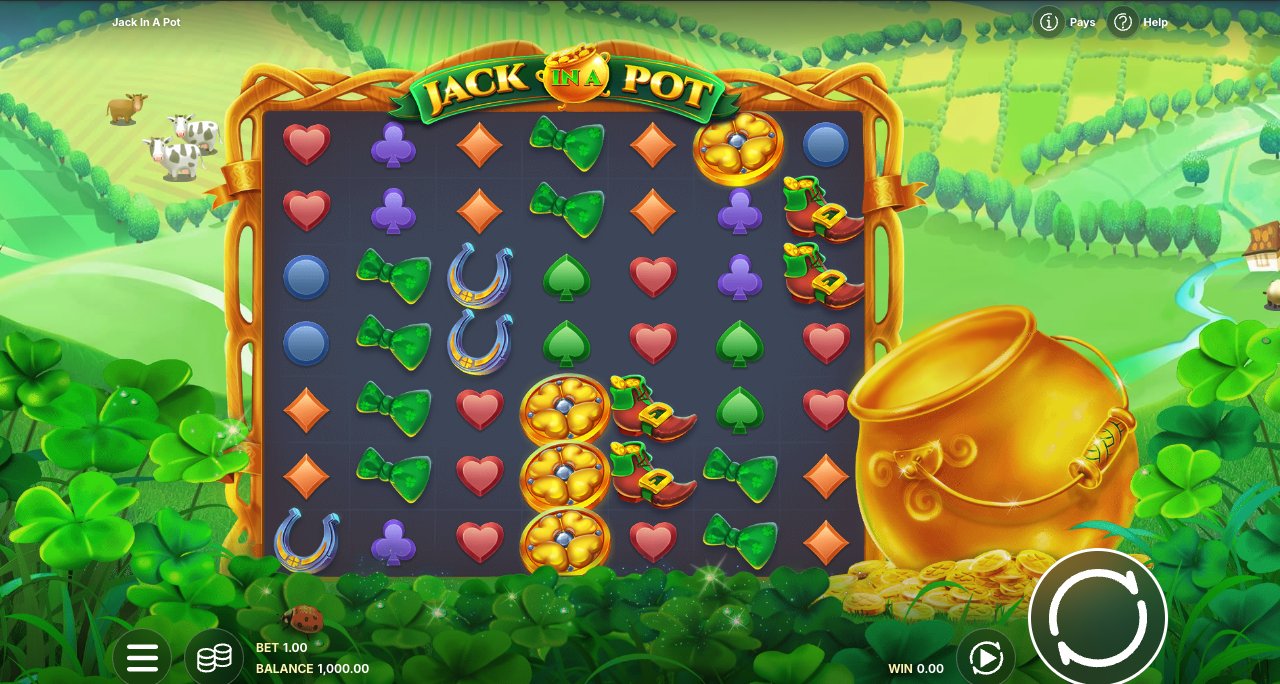 Jack in a Pot in der offiziellen Red-Tiger-Demo mit 7x7 Raster, Kleeblatt-Symbolen und Goldtopf