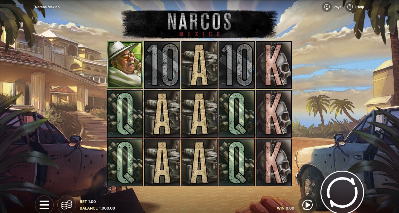 Narcos Mexico in der offiziellen Red-Tiger-Demo mit 5x3 Walzen, 1,00 Einsatz und 1.000 Spielgeld