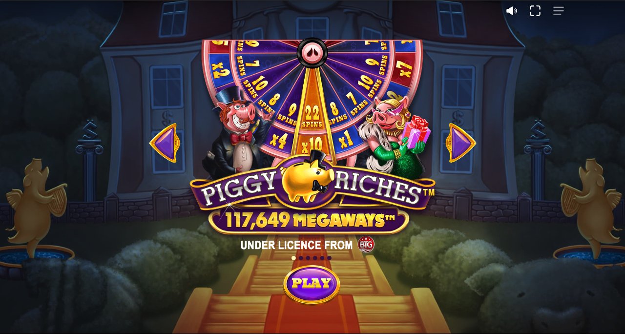 Piggy Riches Megaways Startbildschirm der offiziellen Demo mit Glücksrad, 117.649 Megaways und Lizenz von Big Time Gaming
