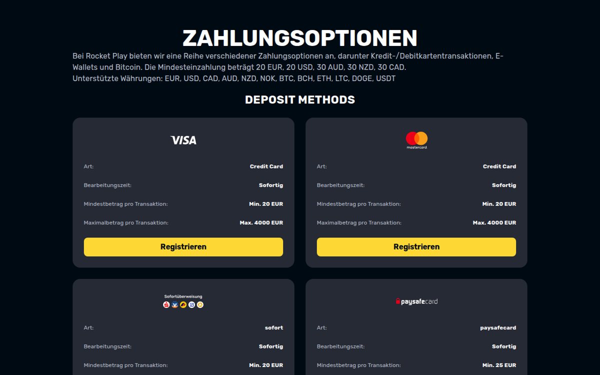 RocketPlay Zahlungsoptionen mit Sofortüberweisung, Neteller und Krypto